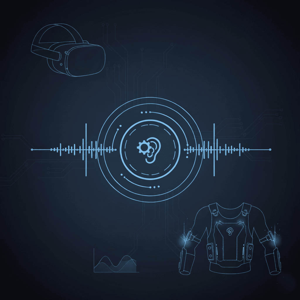 Concept art: a VR headset and haptic vest linked to an audio waveform and ear icon